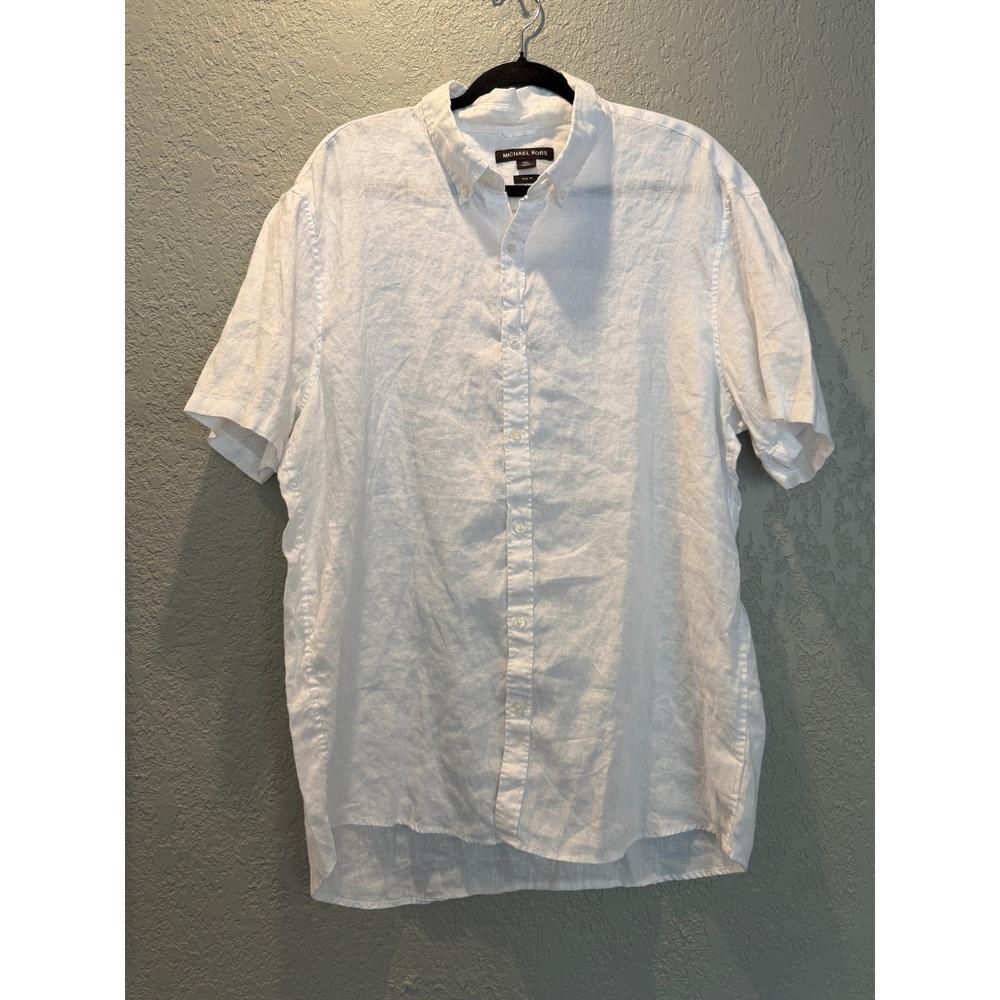 Michael Kors XXL Shirt Mens Linen White Slim Fit Button Down Short Sleeve